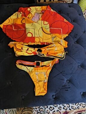 Vintage VENUS Red and Yellow Geometric Thong Bikini With Cover Up.